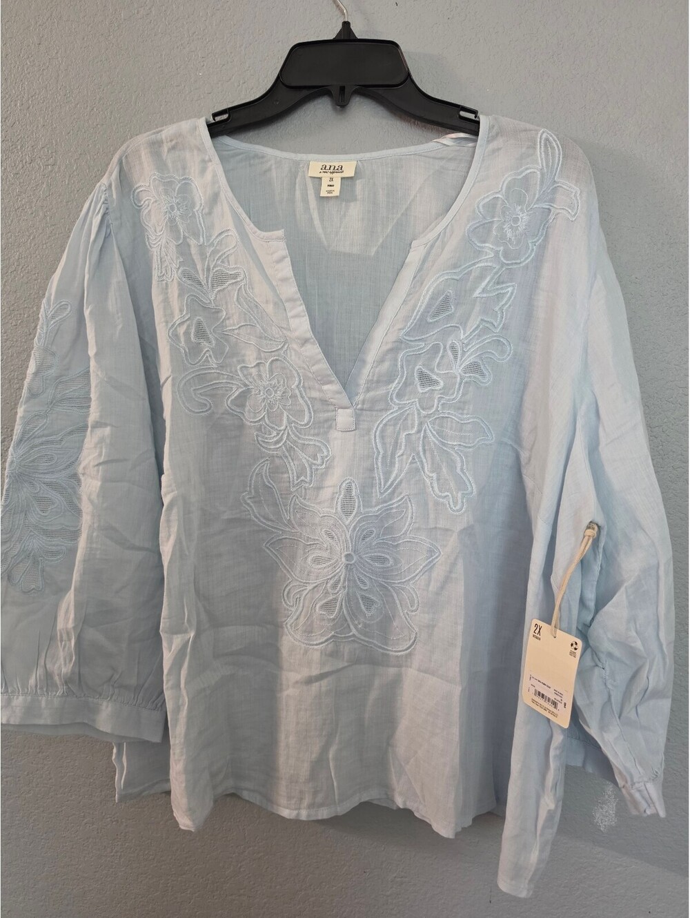 a.n.a Light Blue Embroidered V-Neck Blouse, Size 2X